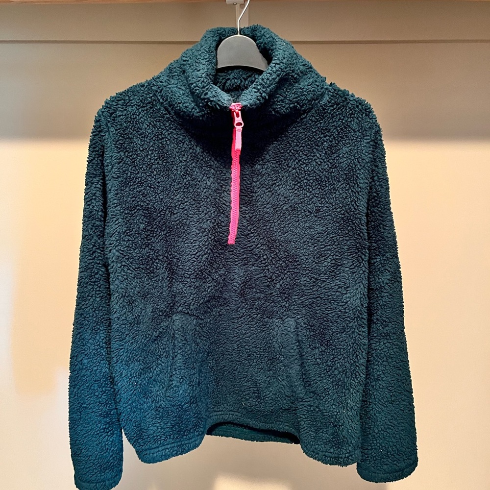 J. Crew Dark Green Fleece with Pink Zipper Accent